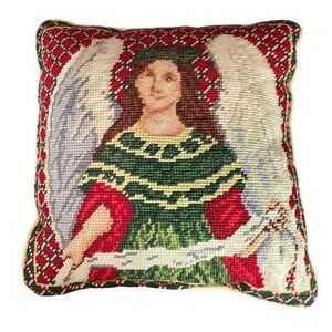Vintage Needlepoint Angel Accent Pillow Velvet Back Christmas Holiday Decor